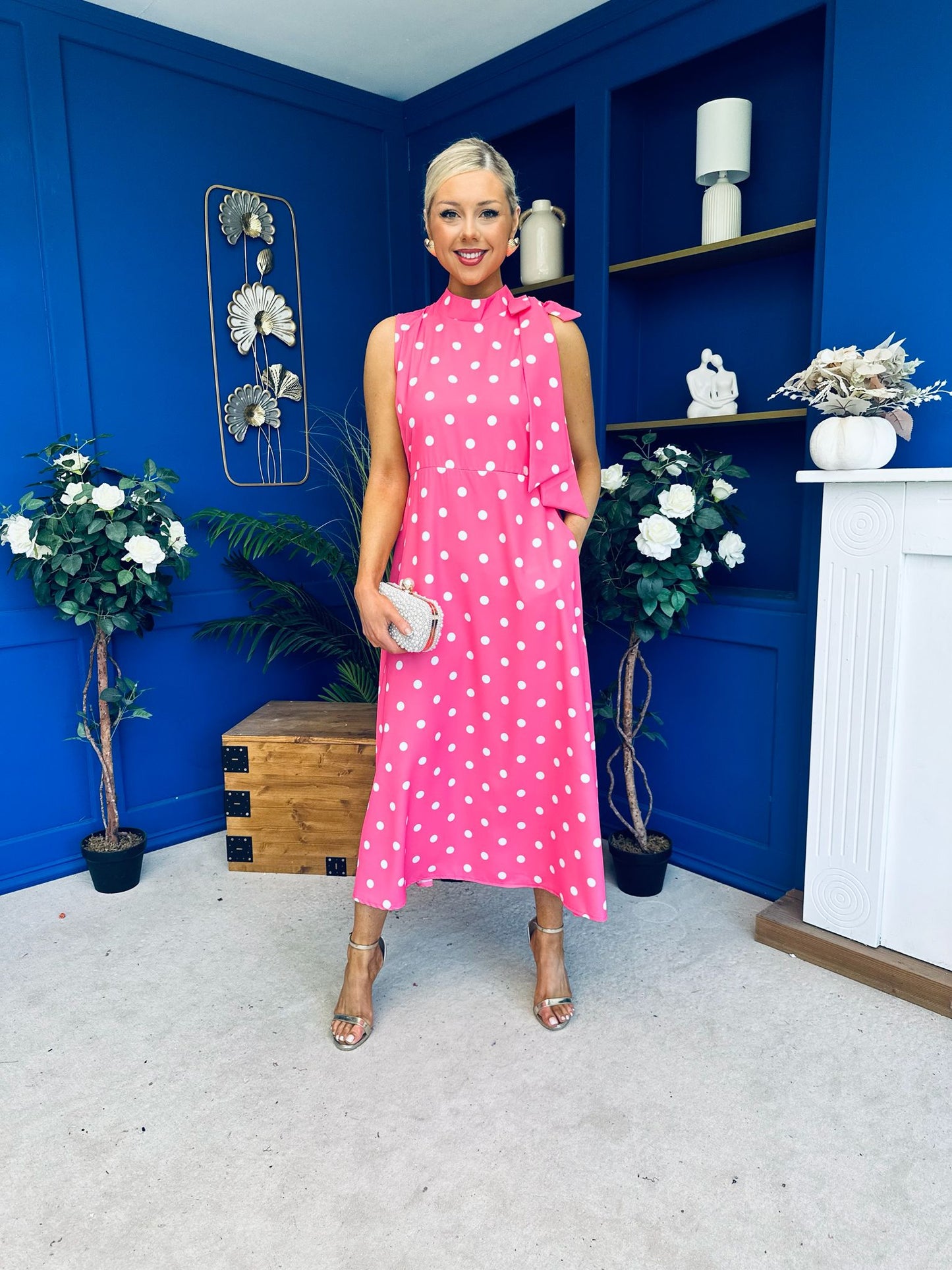 Rita High Neck Bow Detail Midi Dress Polka Cerise
