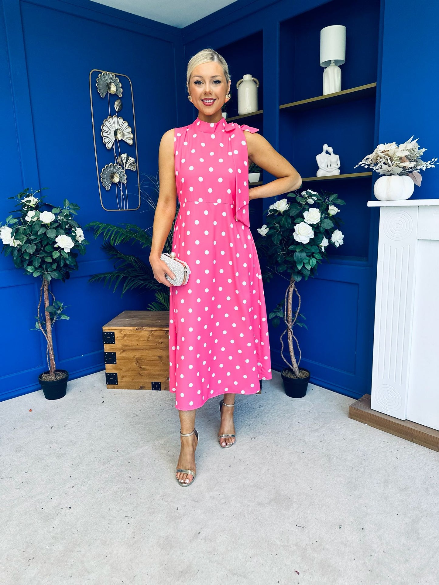 Rita High Neck Bow Detail Midi Dress Polka Cerise