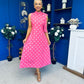 Rita High Neck Bow Detail Midi Dress Polka Cerise