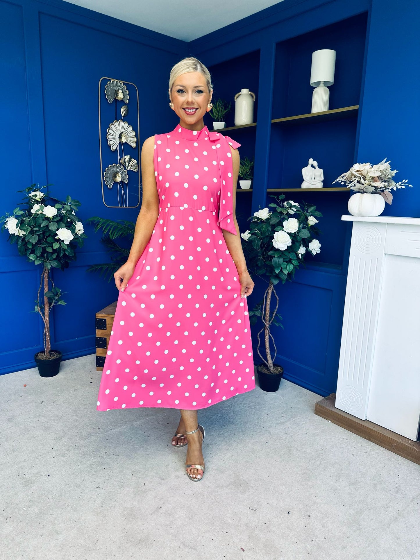 Rita High Neck Bow Detail Midi Dress Polka Cerise