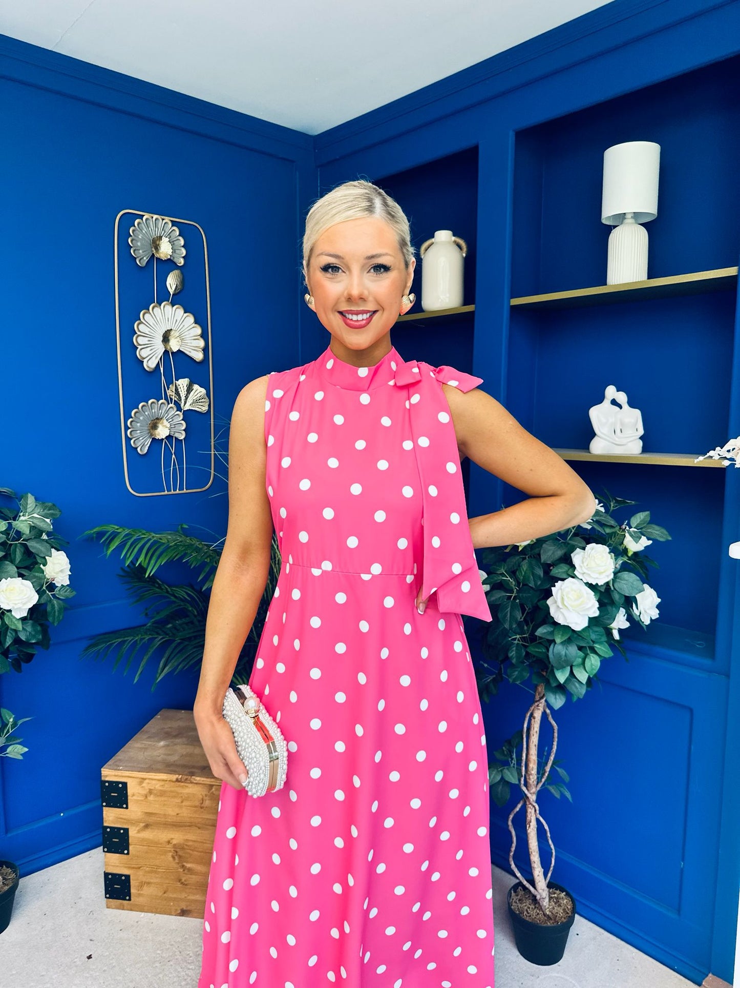 Rita High Neck Bow Detail Midi Dress Polka Cerise