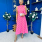Rita High Neck Bow Detail Midi Dress Polka Cerise