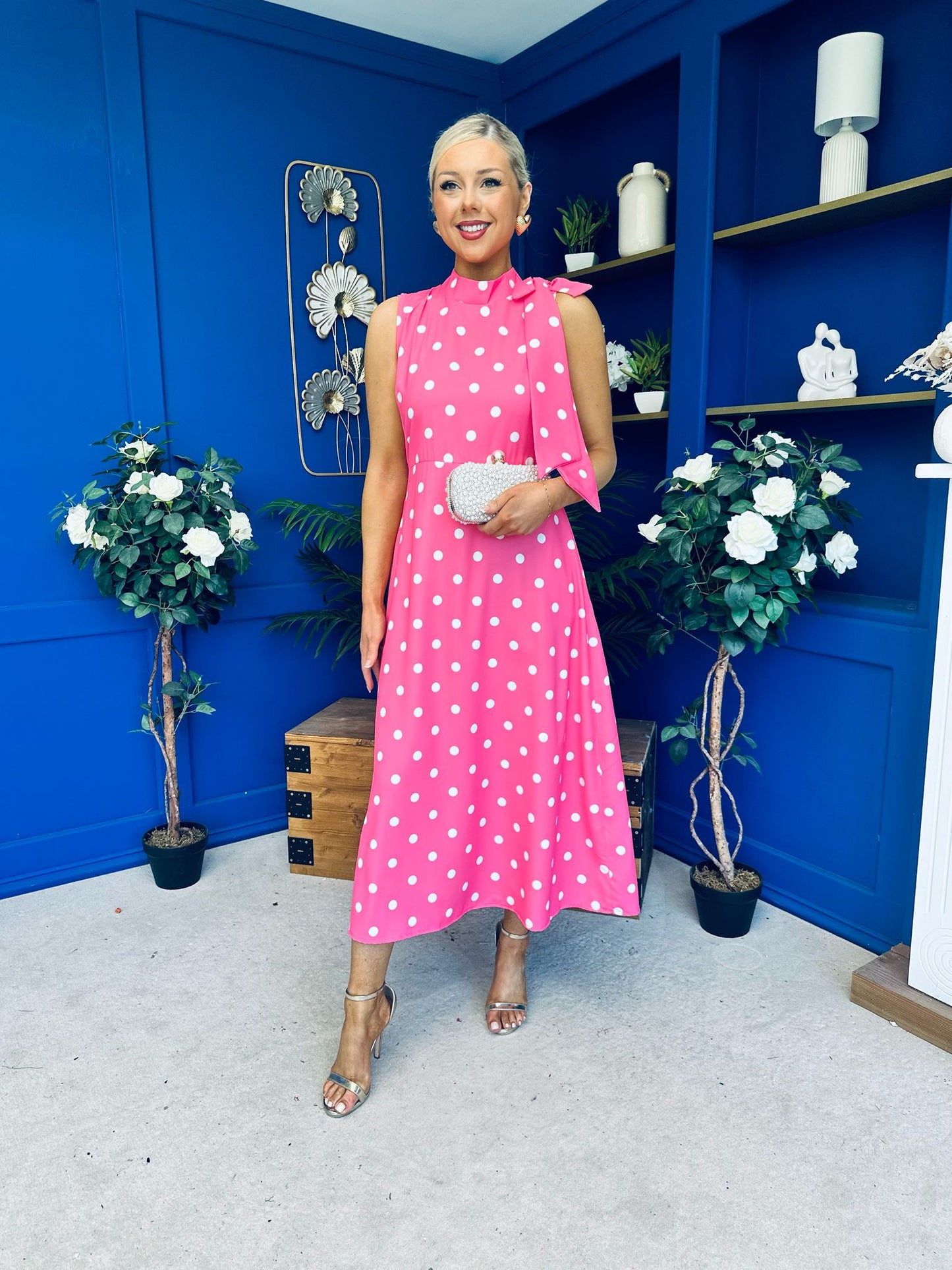 Rita High Neck Bow Detail Midi Dress Polka Cerise