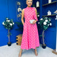 Rita High Neck Bow Detail Midi Dress Polka Cerise