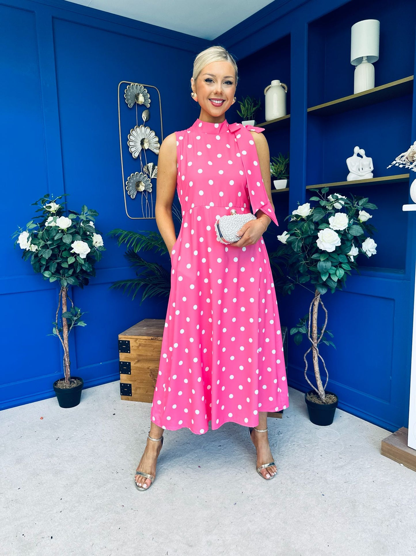 Rita High Neck Bow Detail Midi Dress Polka Cerise