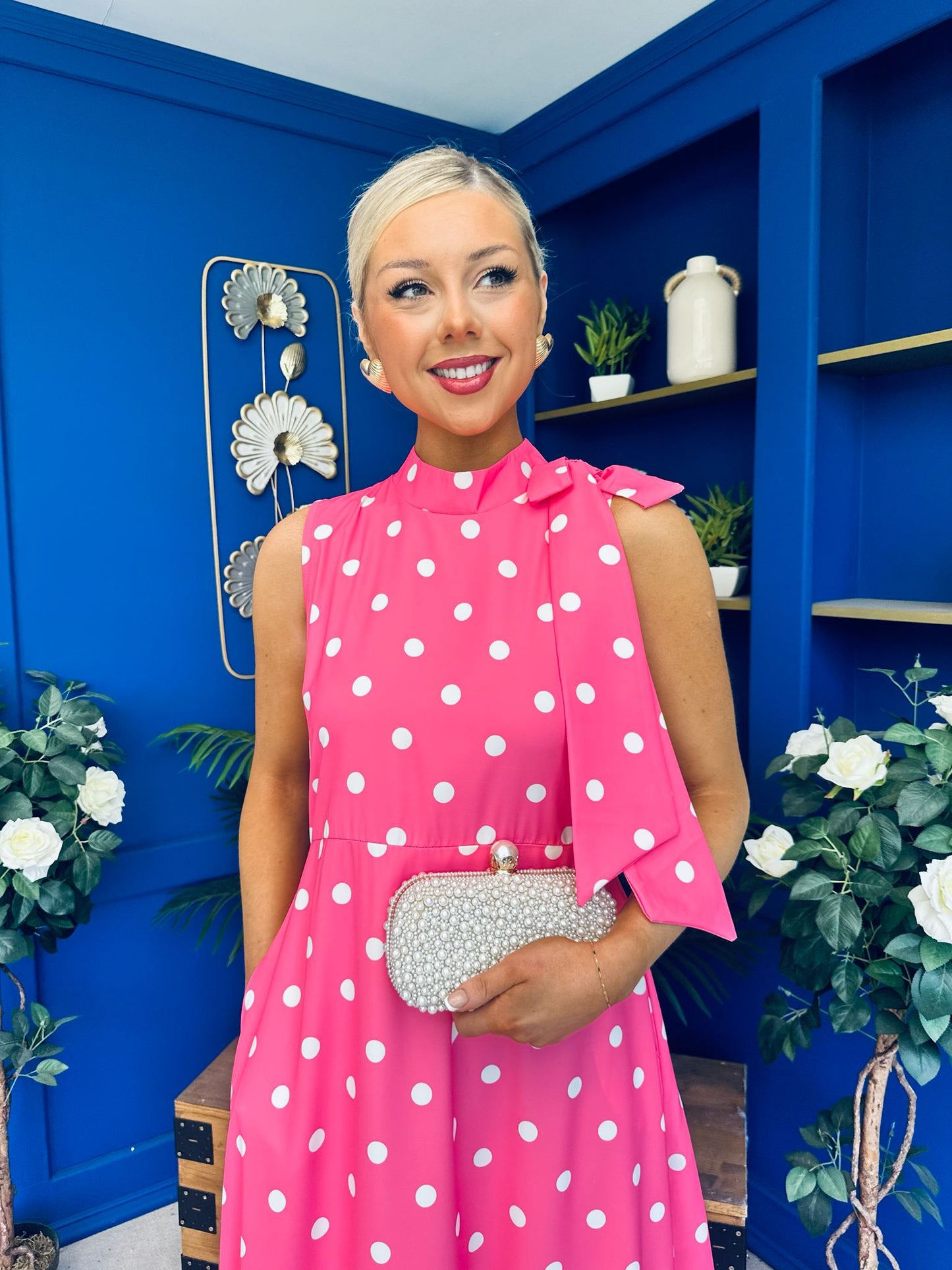Rita High Neck Bow Detail Midi Dress Polka Cerise