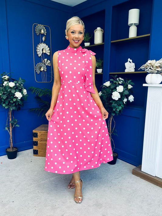 Rita High Neck Bow Detail Midi Dress Polka Cerise