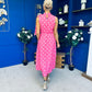 Rita High Neck Bow Detail Midi Dress Polka Cerise