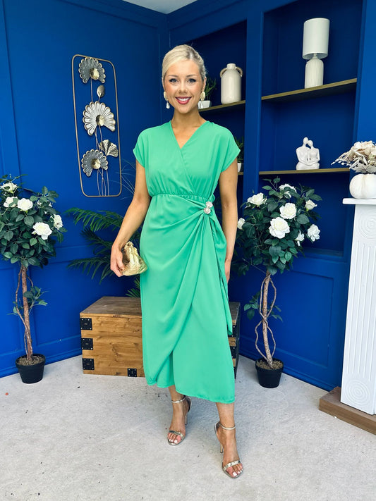 Opal Gold Clasp Detailed Midi Dress Emerald