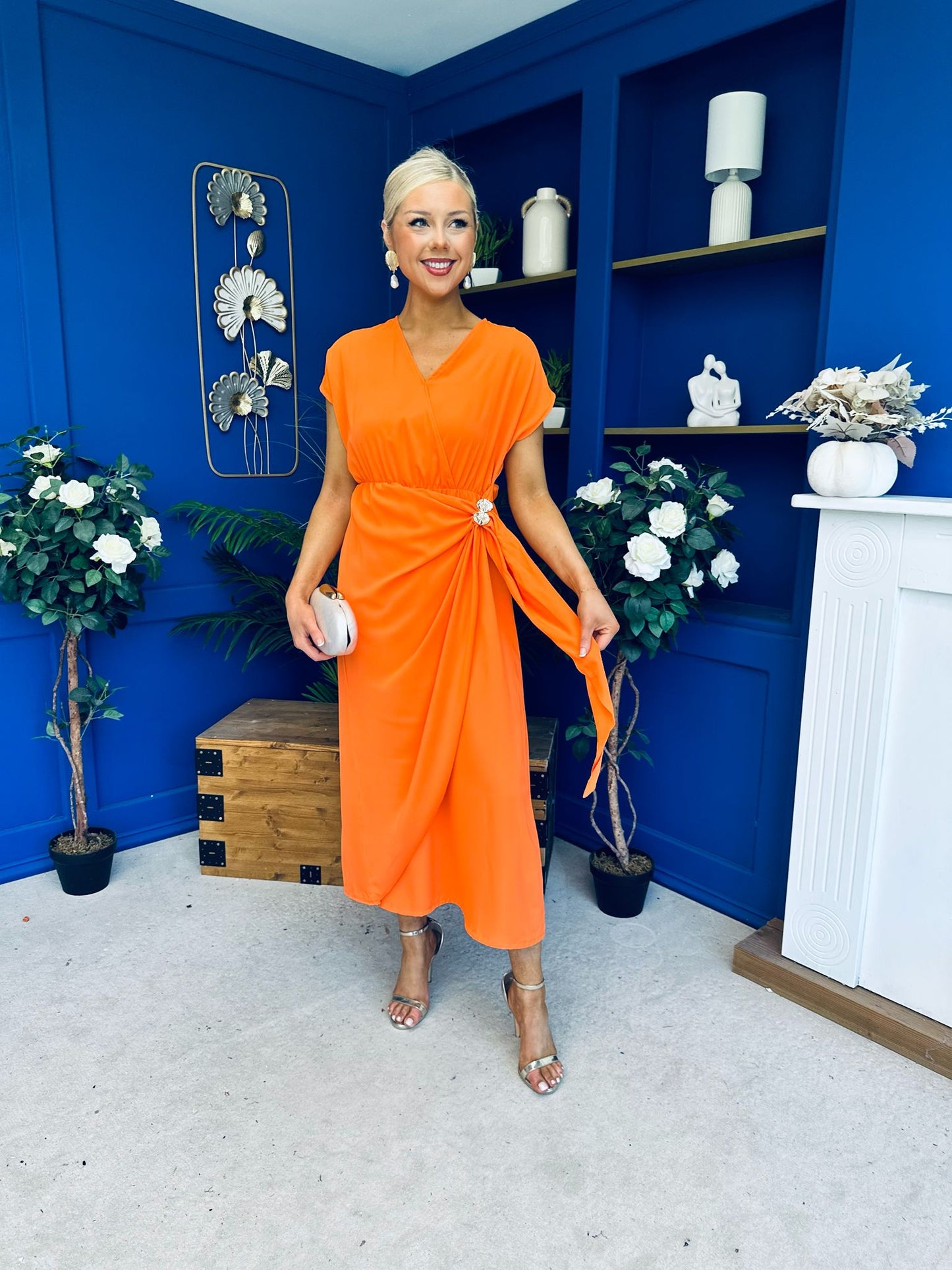 Opal Gold Clasp Detailed Midi Dress Amber