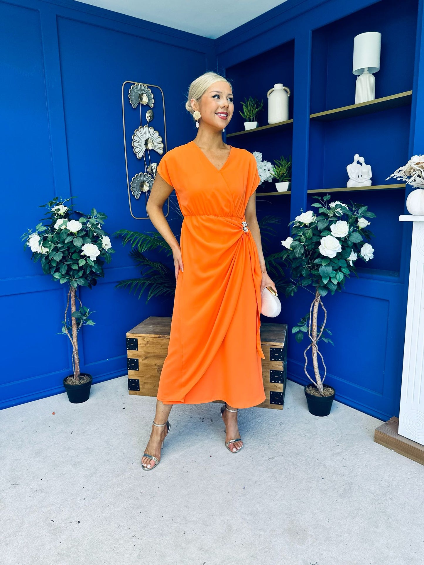 Opal Gold Clasp Detailed Midi Dress Amber