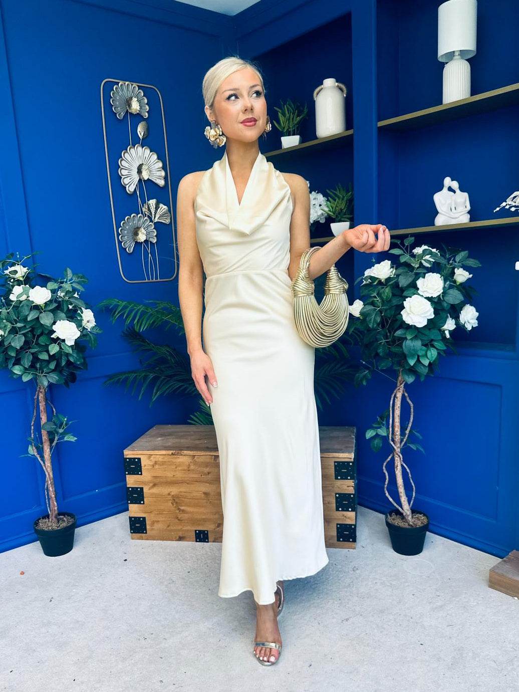 Deirdre Cowl Neck Satin Occasion Dress Blush Yellow