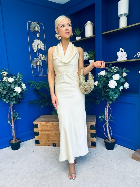 Deirdre Cowl Neck Satin Occasion Dress Blush Yellow