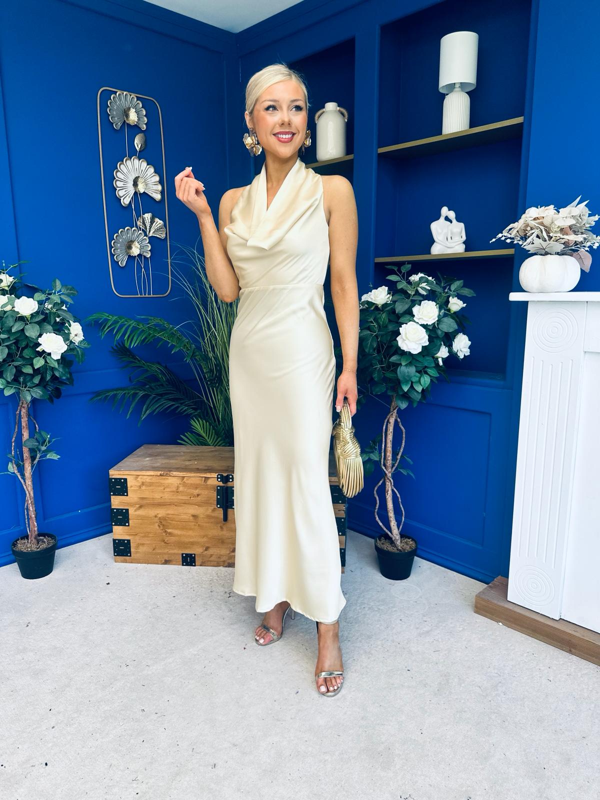 Deirdre Cowl Neck Satin Occasion Dress Blush Yellow