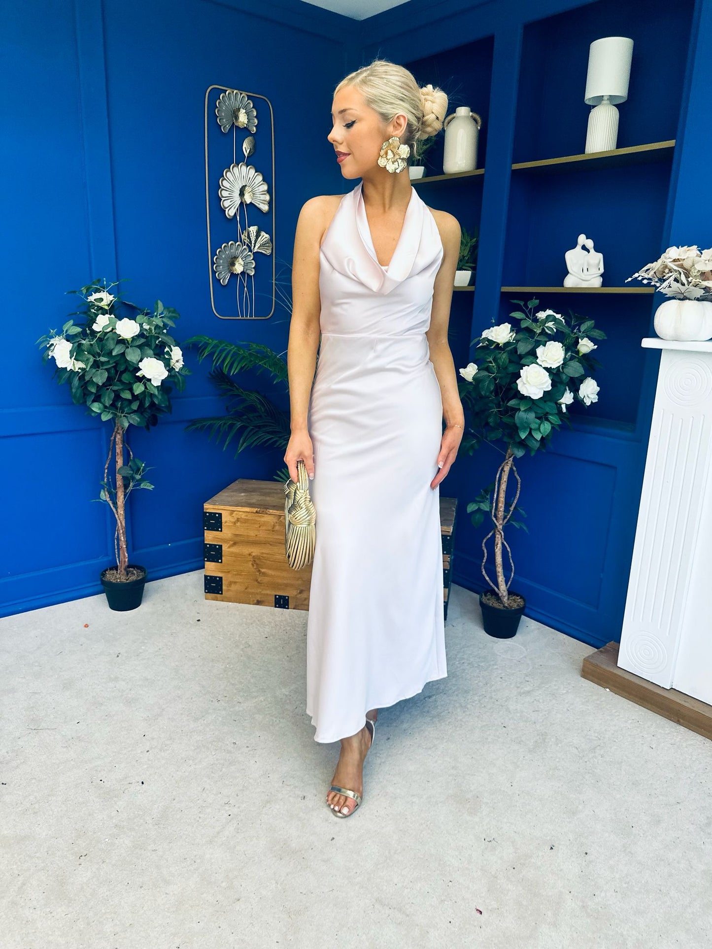 Deirdre Cowl Neck Satin Occasion Dress Blush