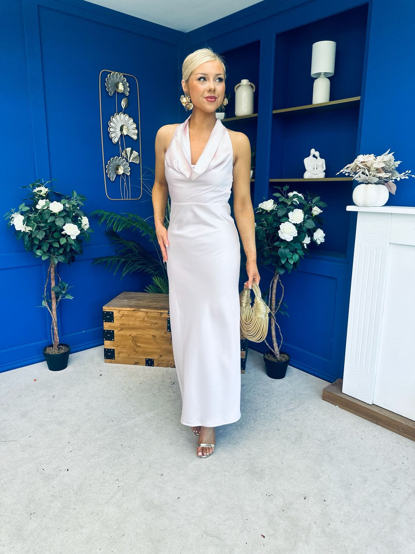 Deirdre Cowl Neck Satin Occasion Dress Blush