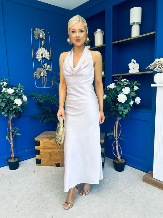 Deirdre Cowl Neck Satin Occasion Dress Blush