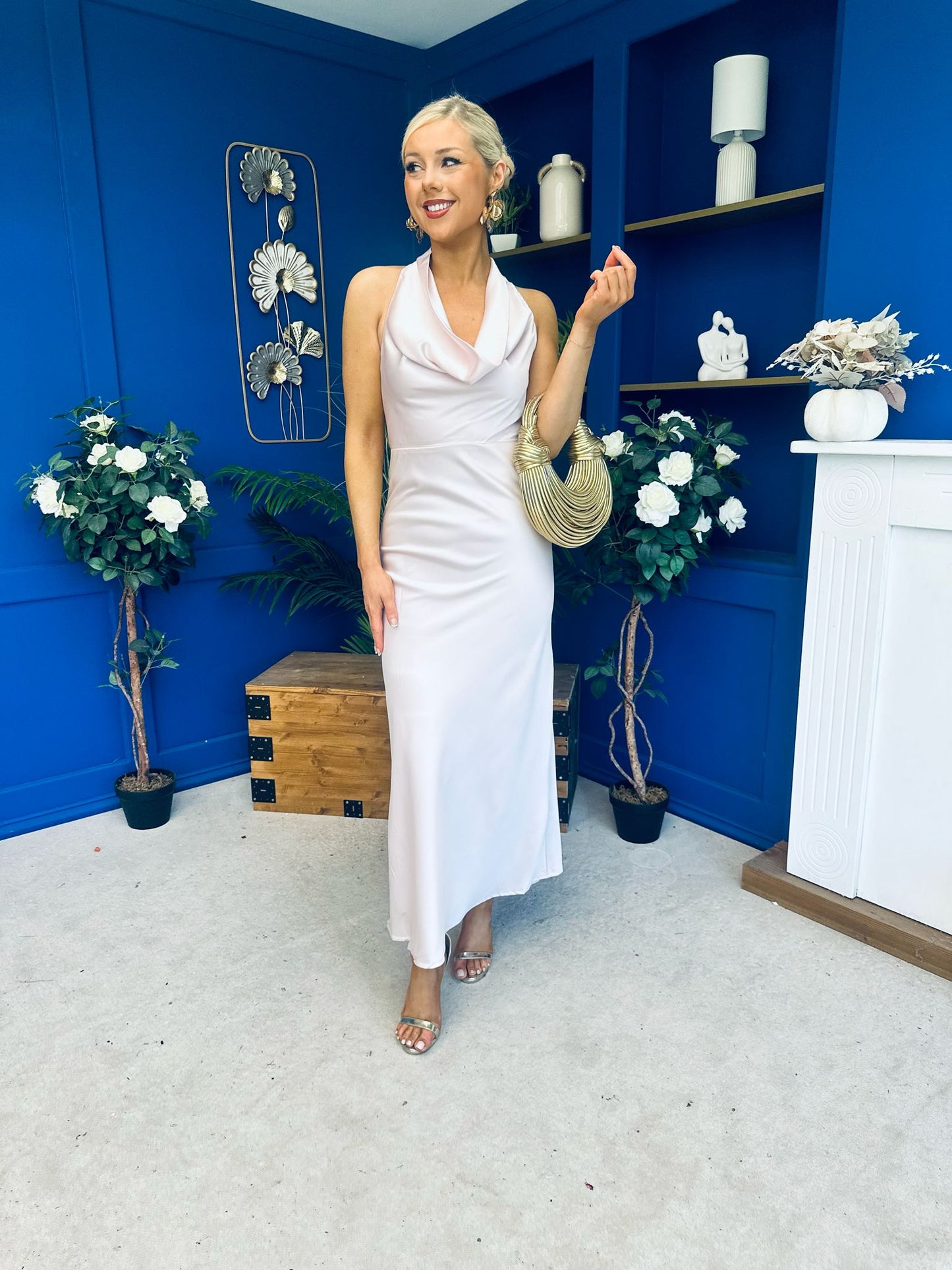 Deirdre Cowl Neck Satin Occasion Dress Blush