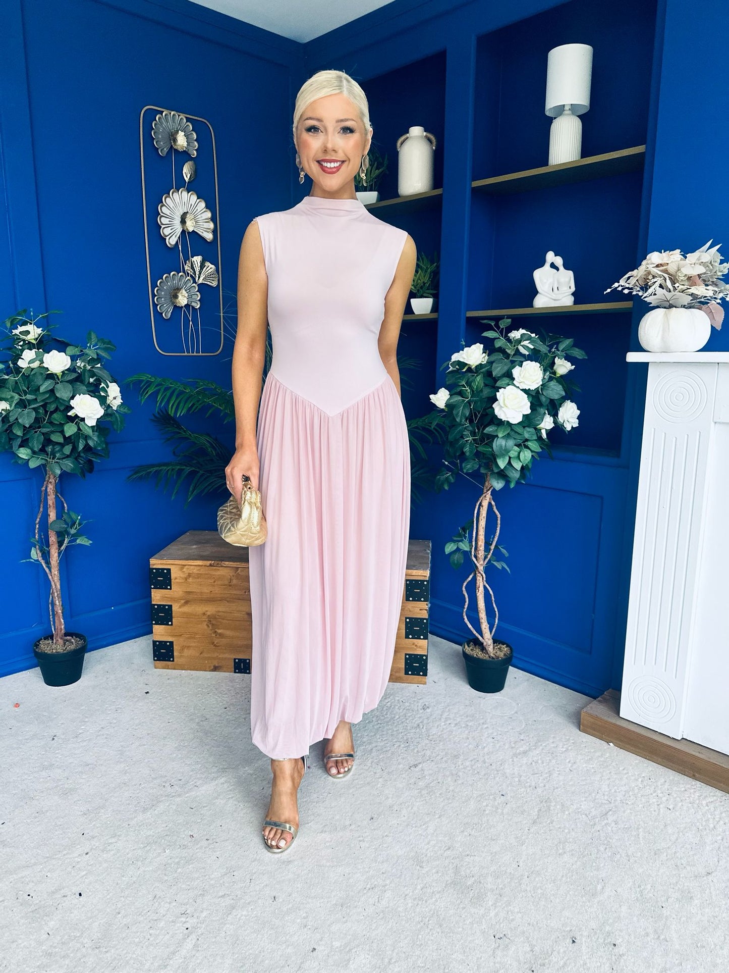 Faye Drop Waist Detailed Midi Dress Pink
