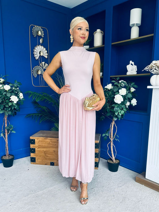 Faye Drop Waist Detailed Midi Dress Pink