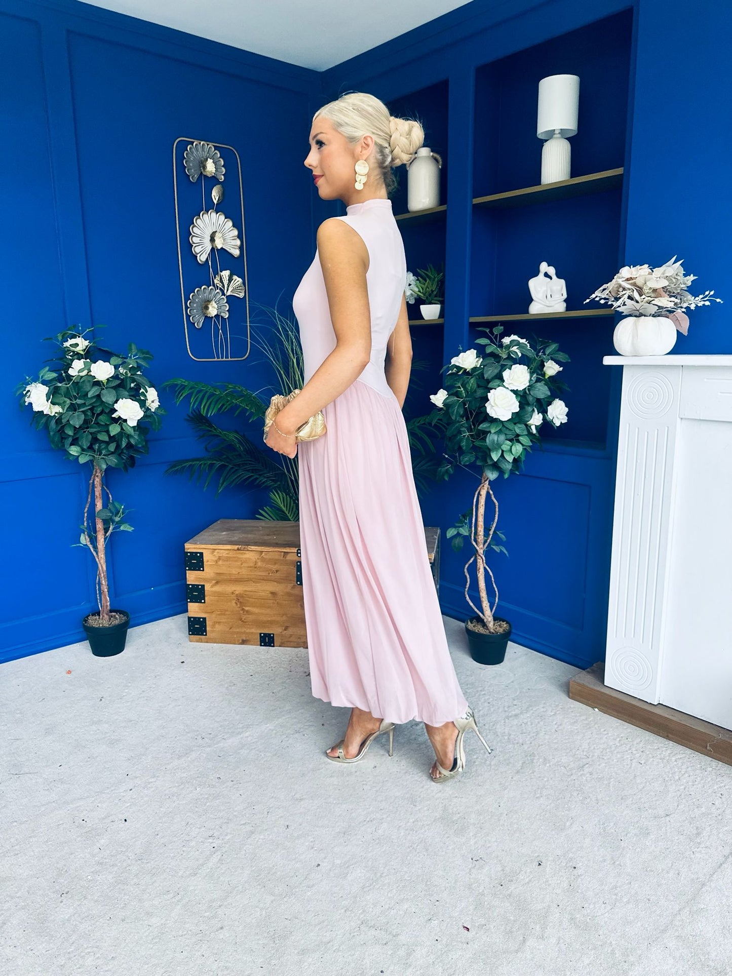 Faye Drop Waist Detailed Midi Dress Pink