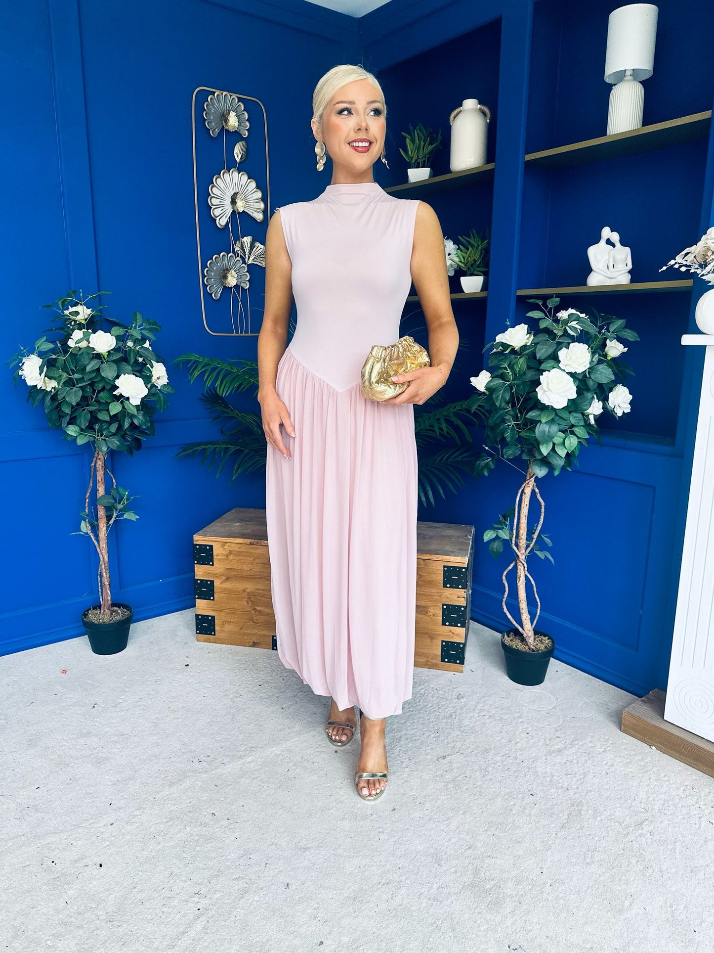 Faye Drop Waist Detailed Midi Dress Pink