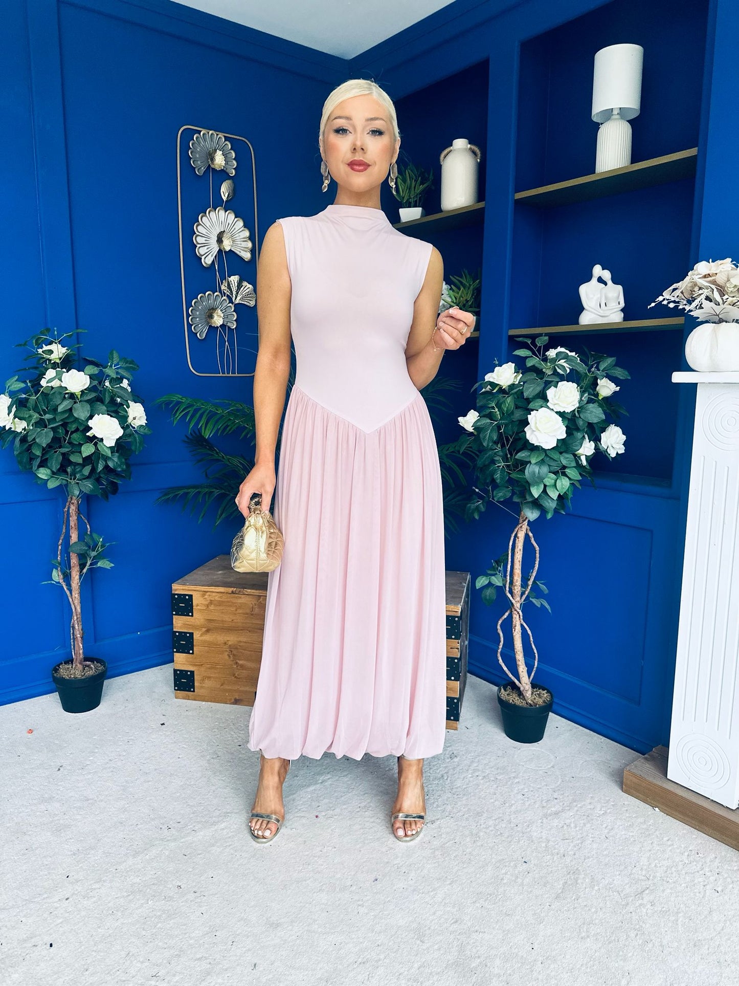 Faye Drop Waist Detailed Midi Dress Pink