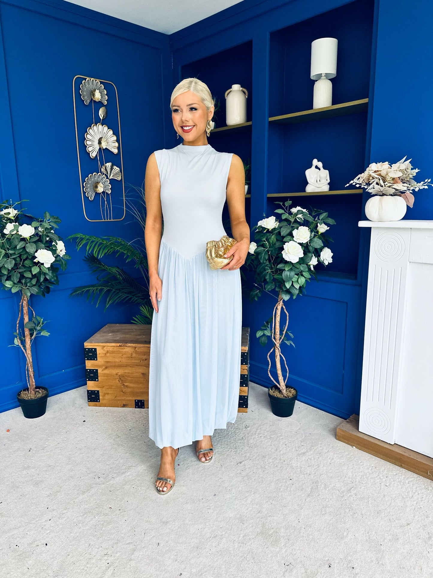 Faye Drop Waist Detailed Midi Dress Blue