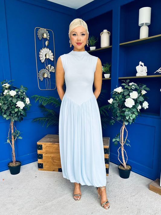 Faye Drop Waist Detailed Midi Dress Blue