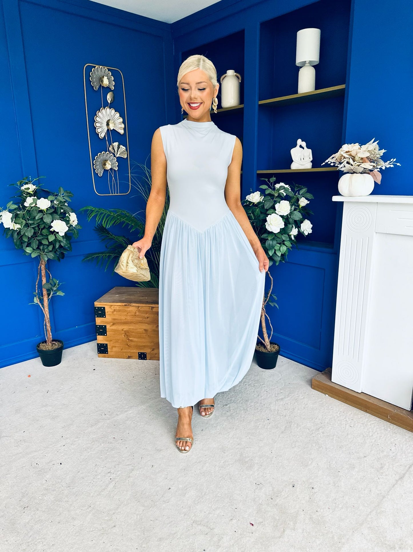 Faye Drop Waist Detailed Midi Dress Blue