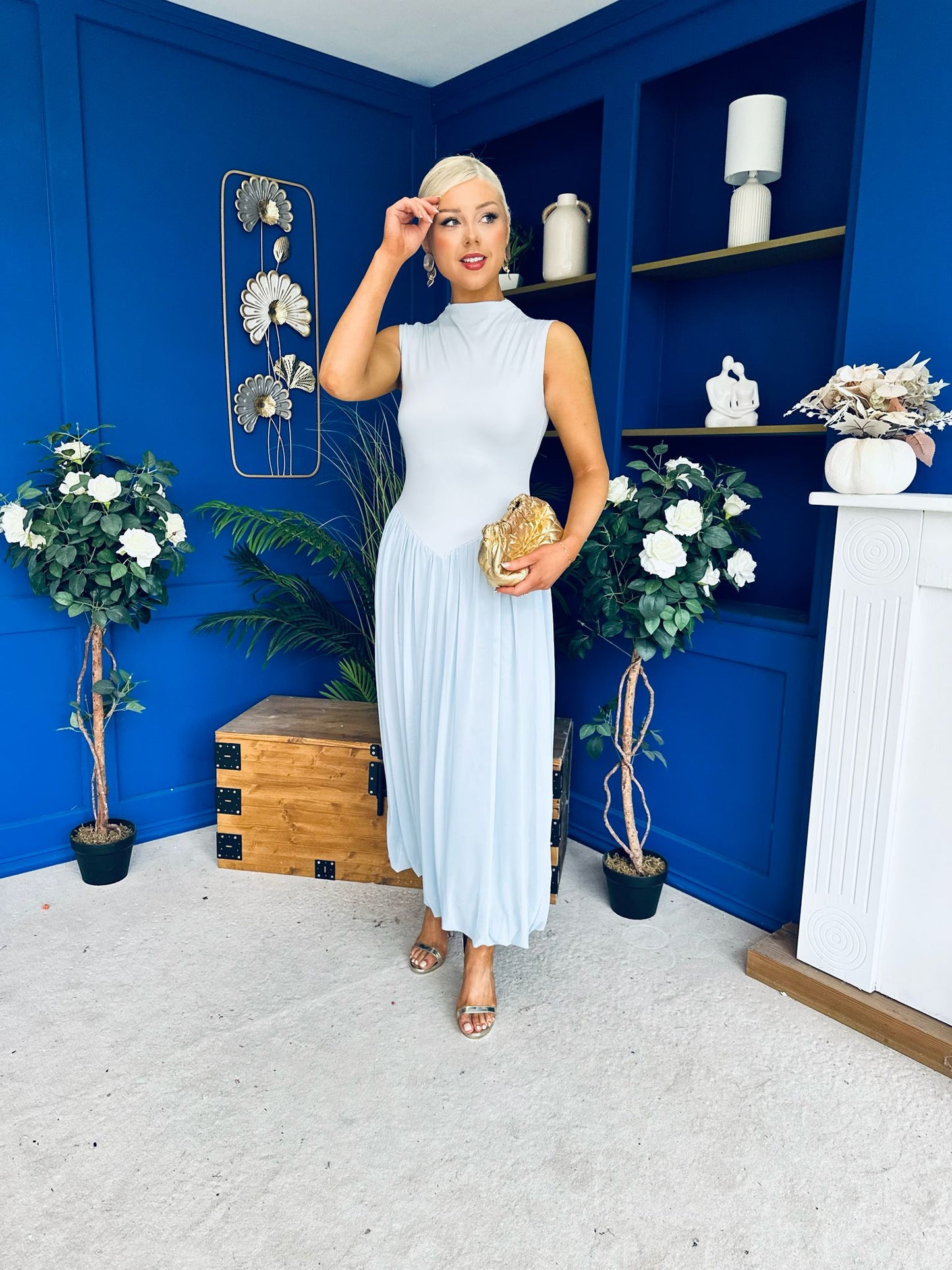 Faye Drop Waist Detailed Midi Dress Blue