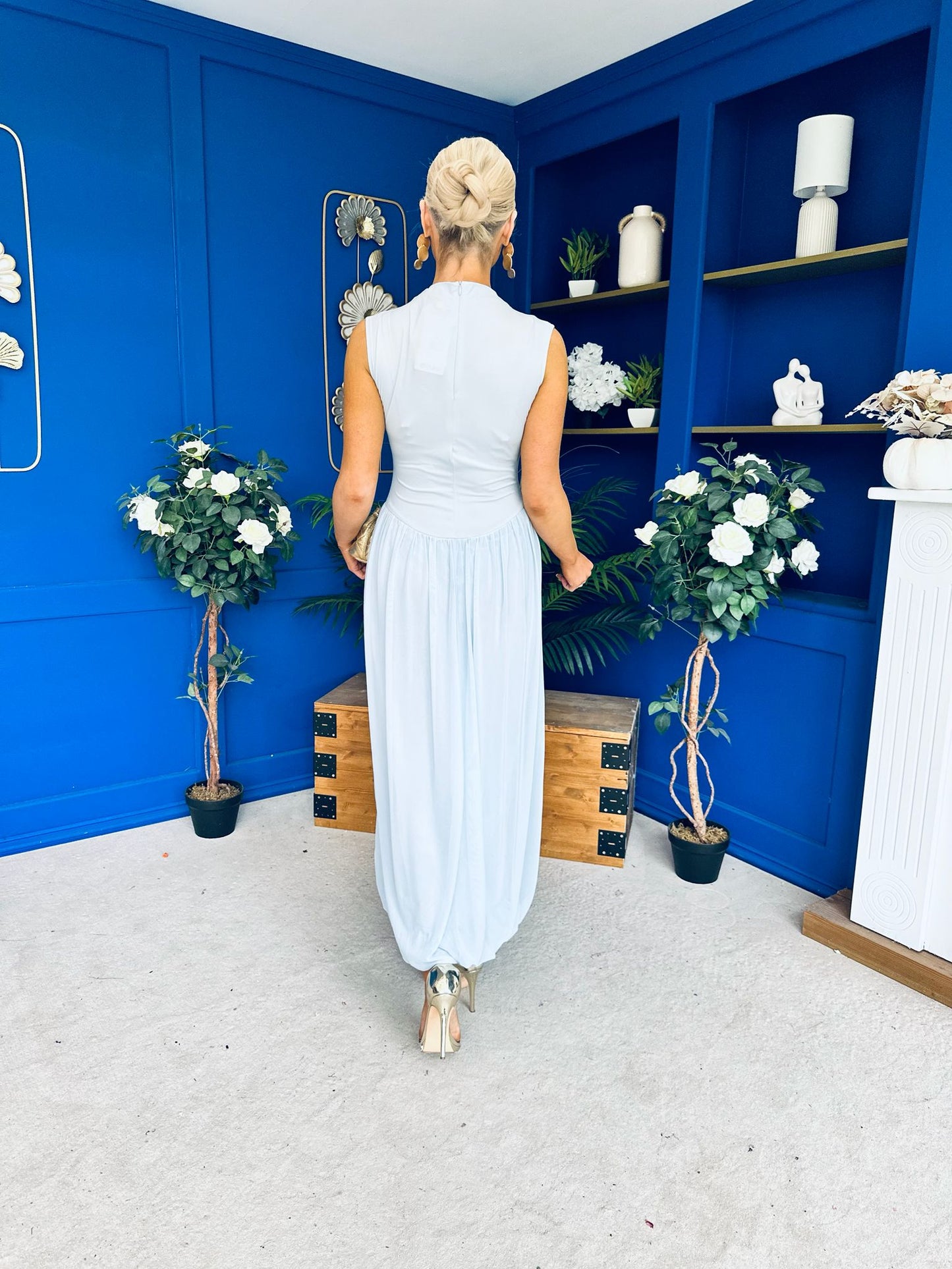 Faye Drop Waist Detailed Midi Dress Blue