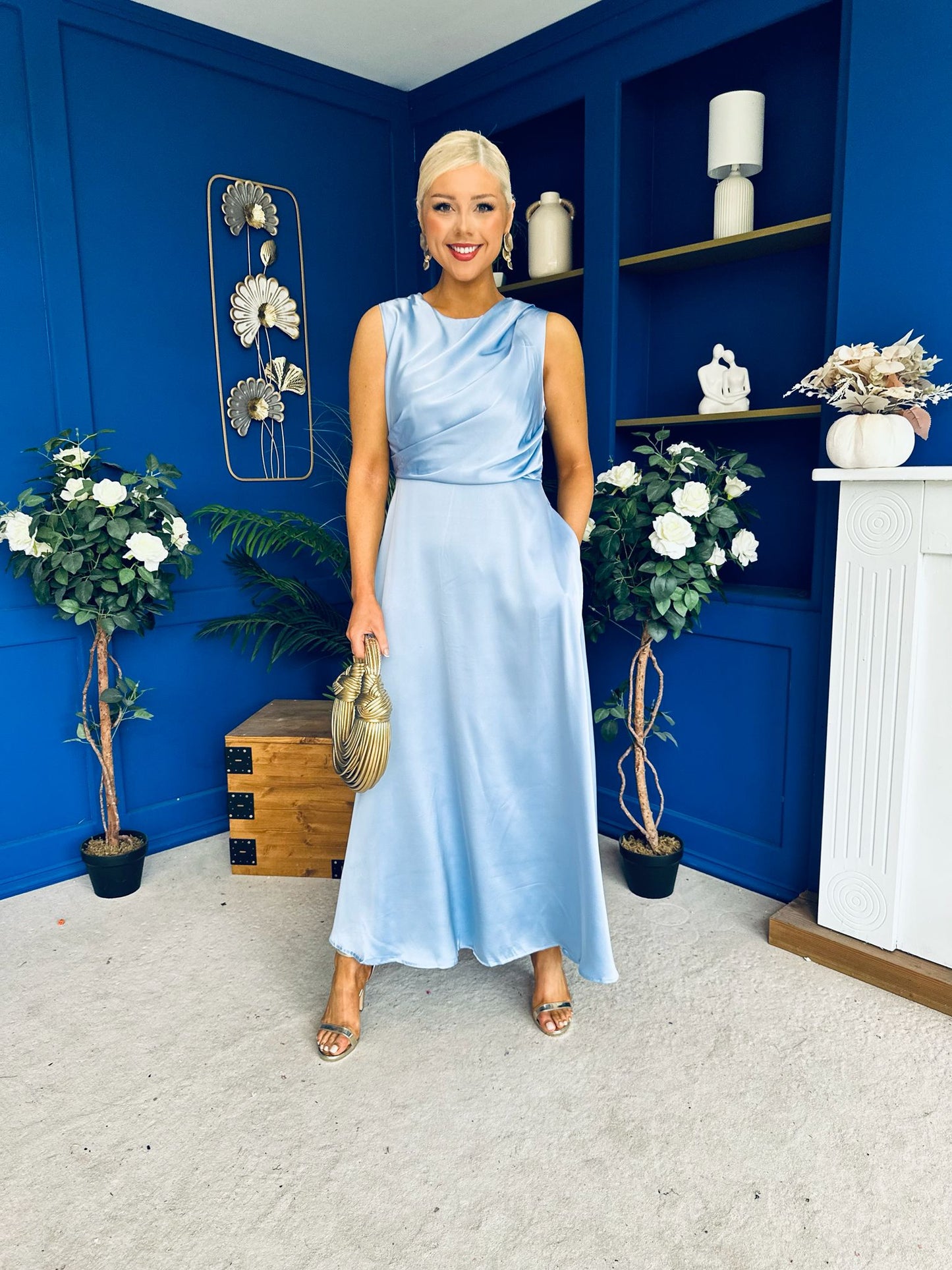 Blake Gathered Satin Occasion Dress Blue
