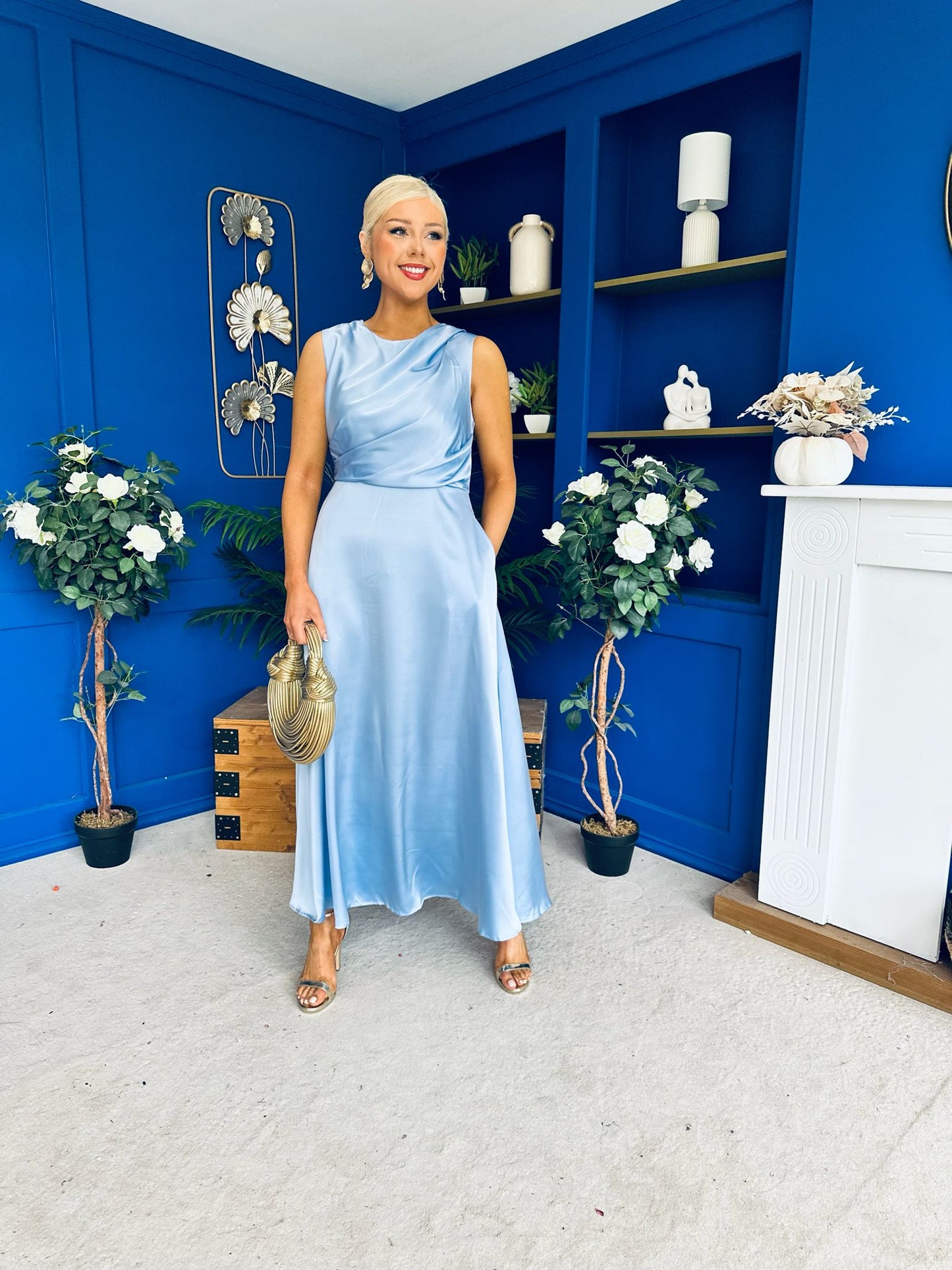 Blake Gathered Satin Occasion Dress Blue