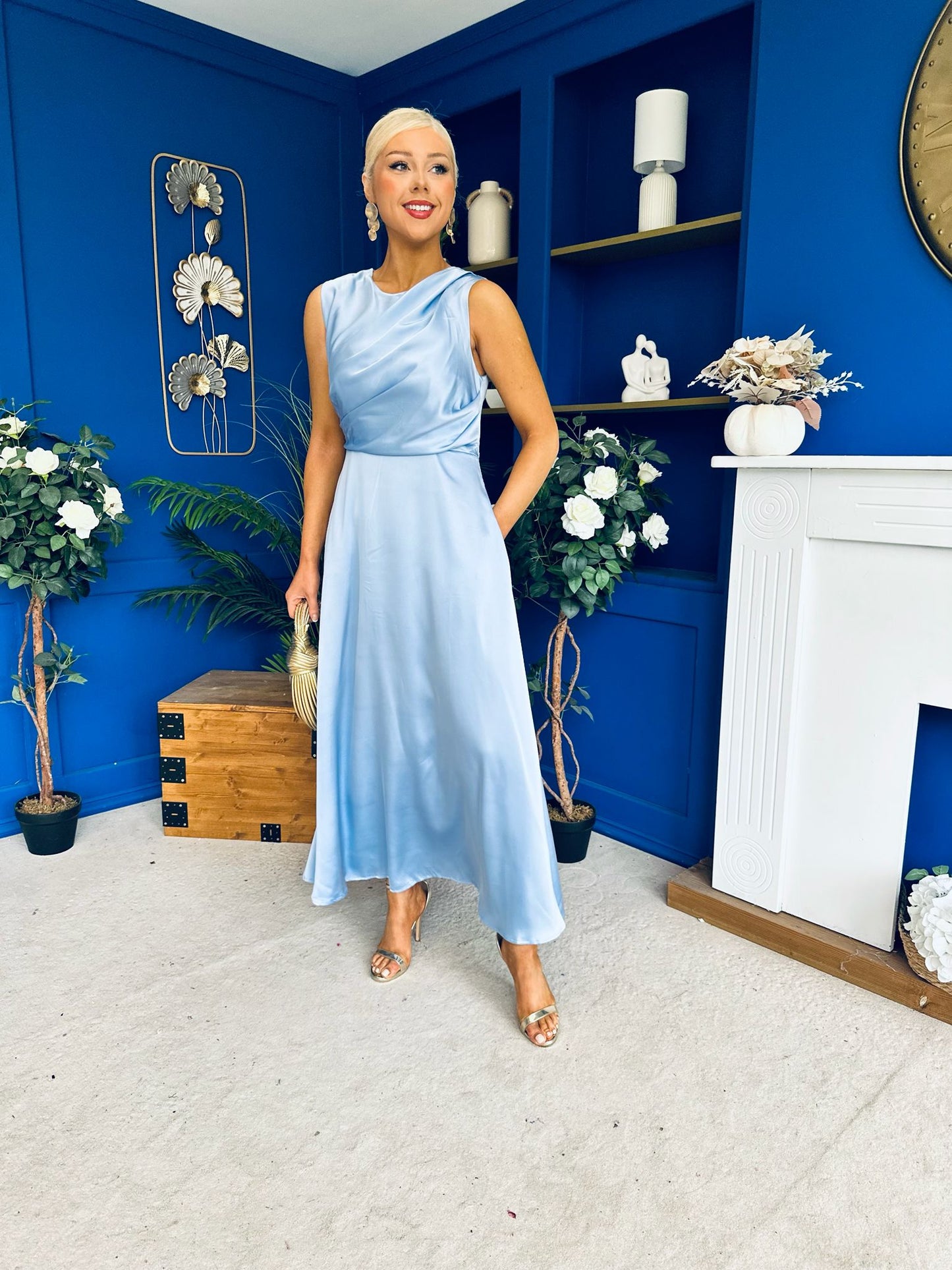 Blake Gathered Satin Occasion Dress Blue