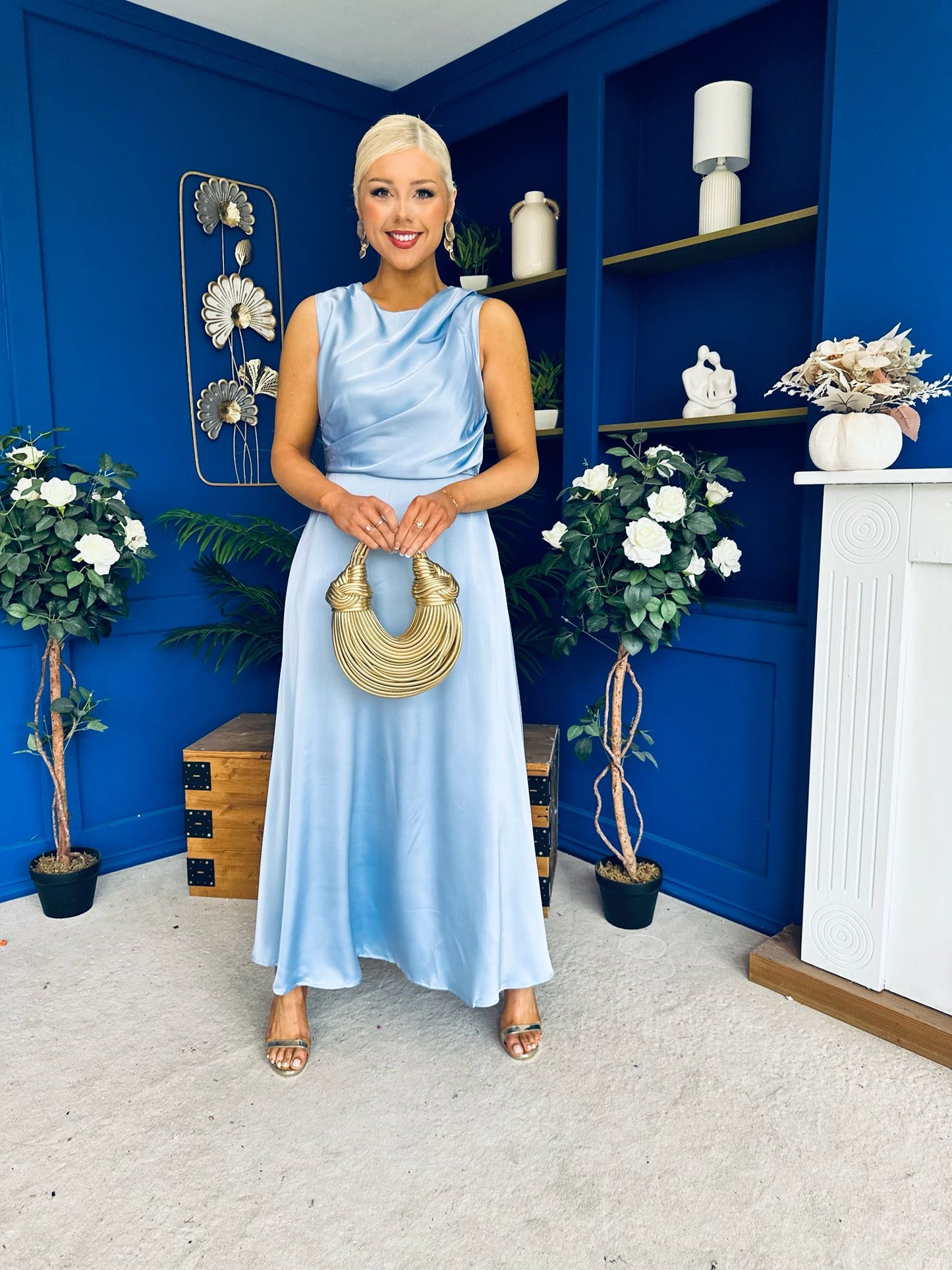 Blake Gathered Satin Occasion Dress Blue