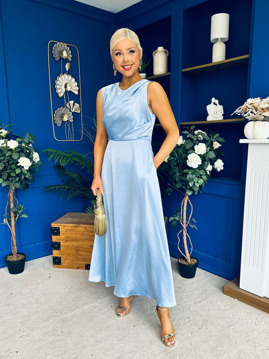 Blake Gathered Satin Occasion Dress Blue