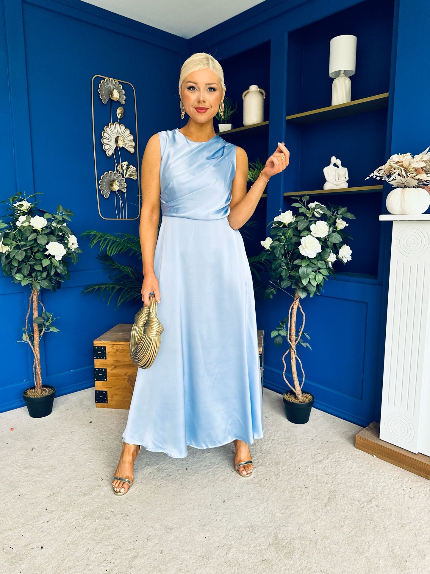 Blake Gathered Satin Occasion Dress Blue
