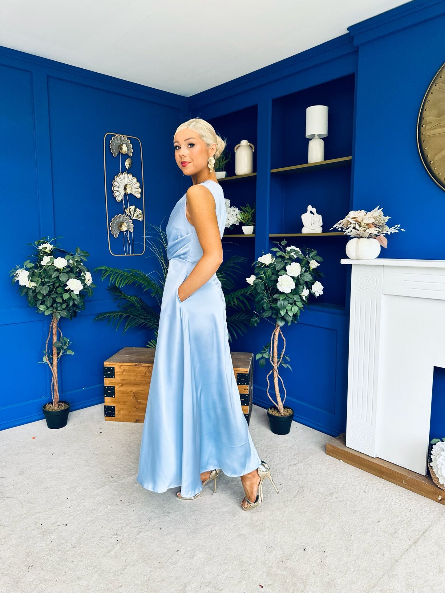 Blake Gathered Satin Occasion Dress Blue