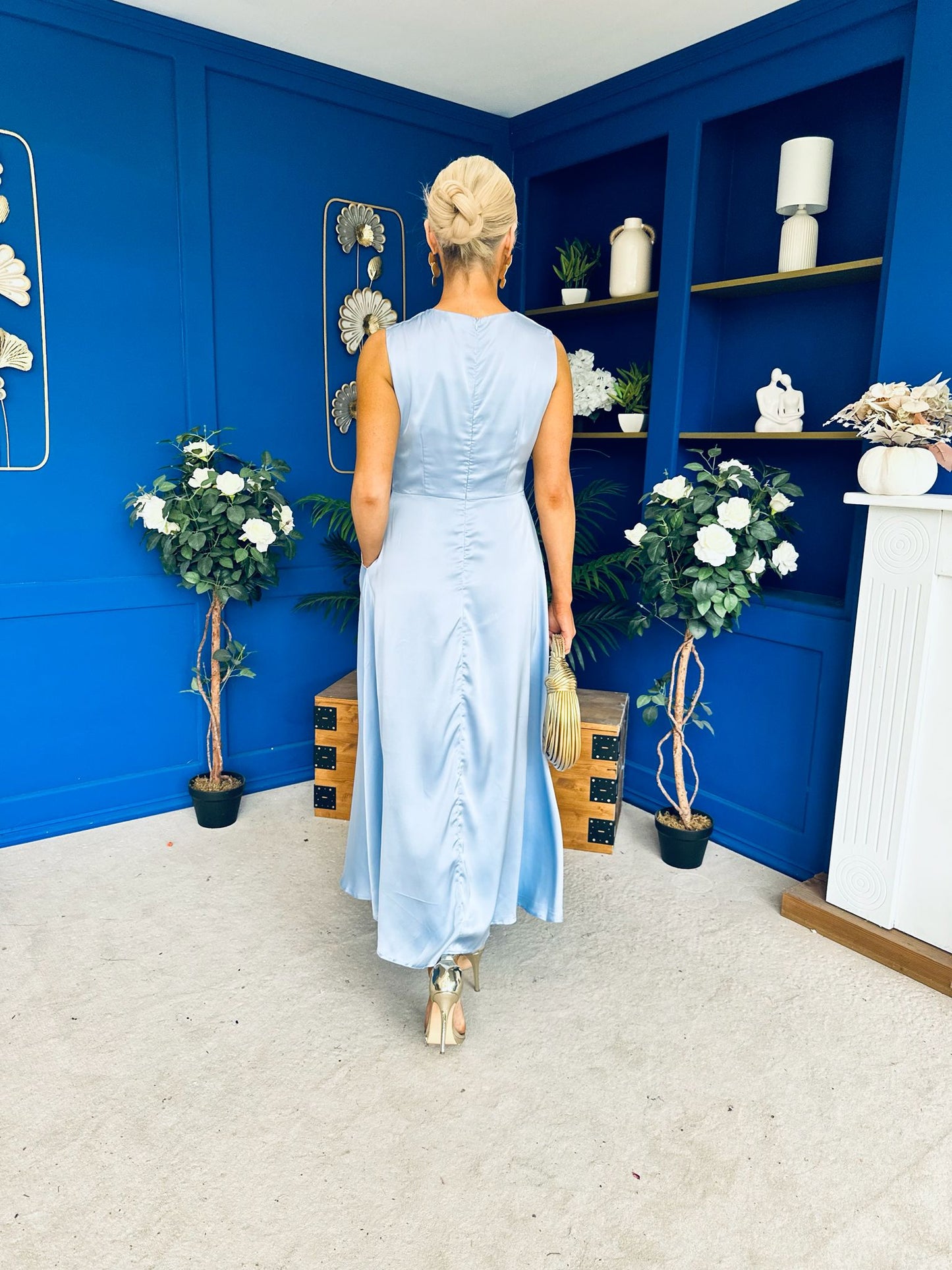 Blake Gathered Satin Occasion Dress Blue