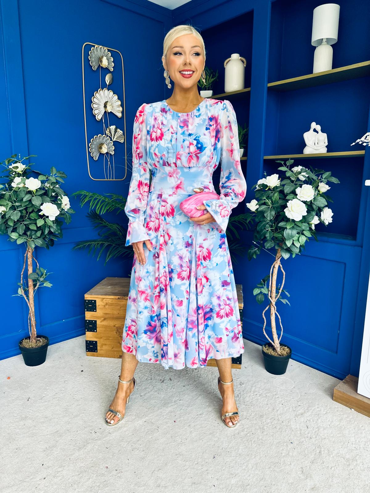 Kaylinn Banded Midi Dress Floral Pwr Blue