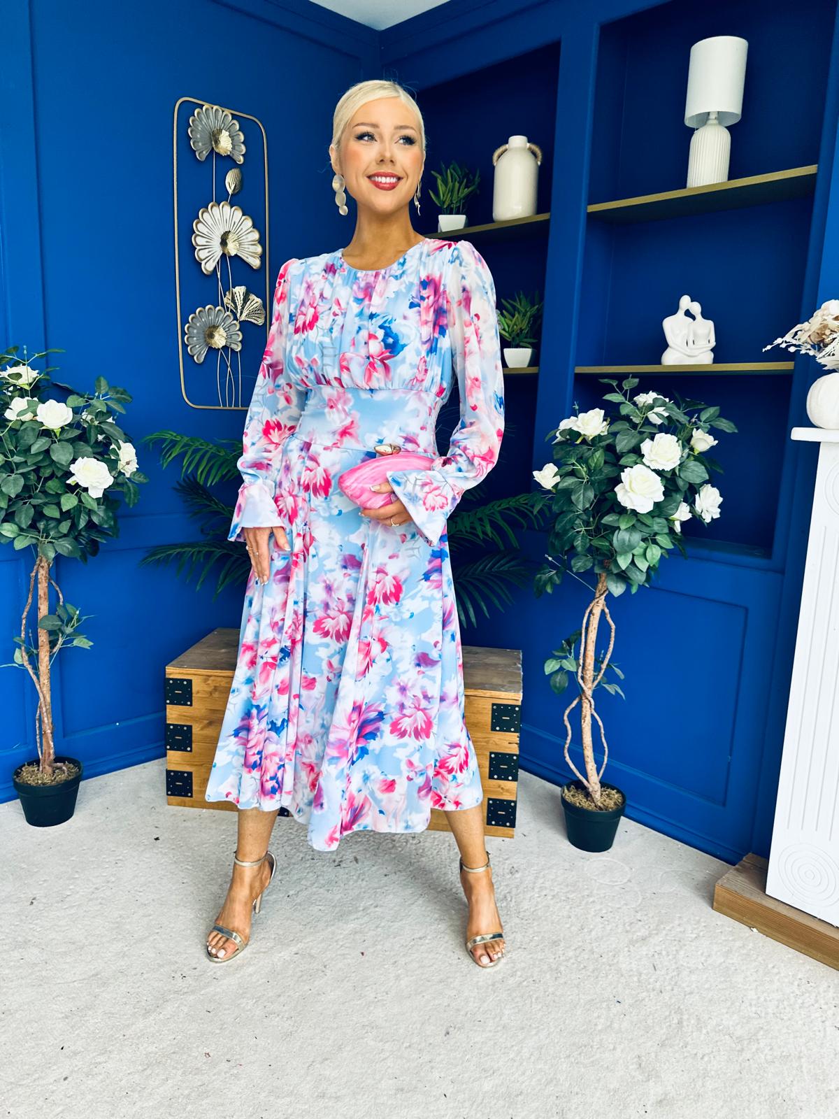 Kaylinn Banded Midi Dress Floral Pwr Blue