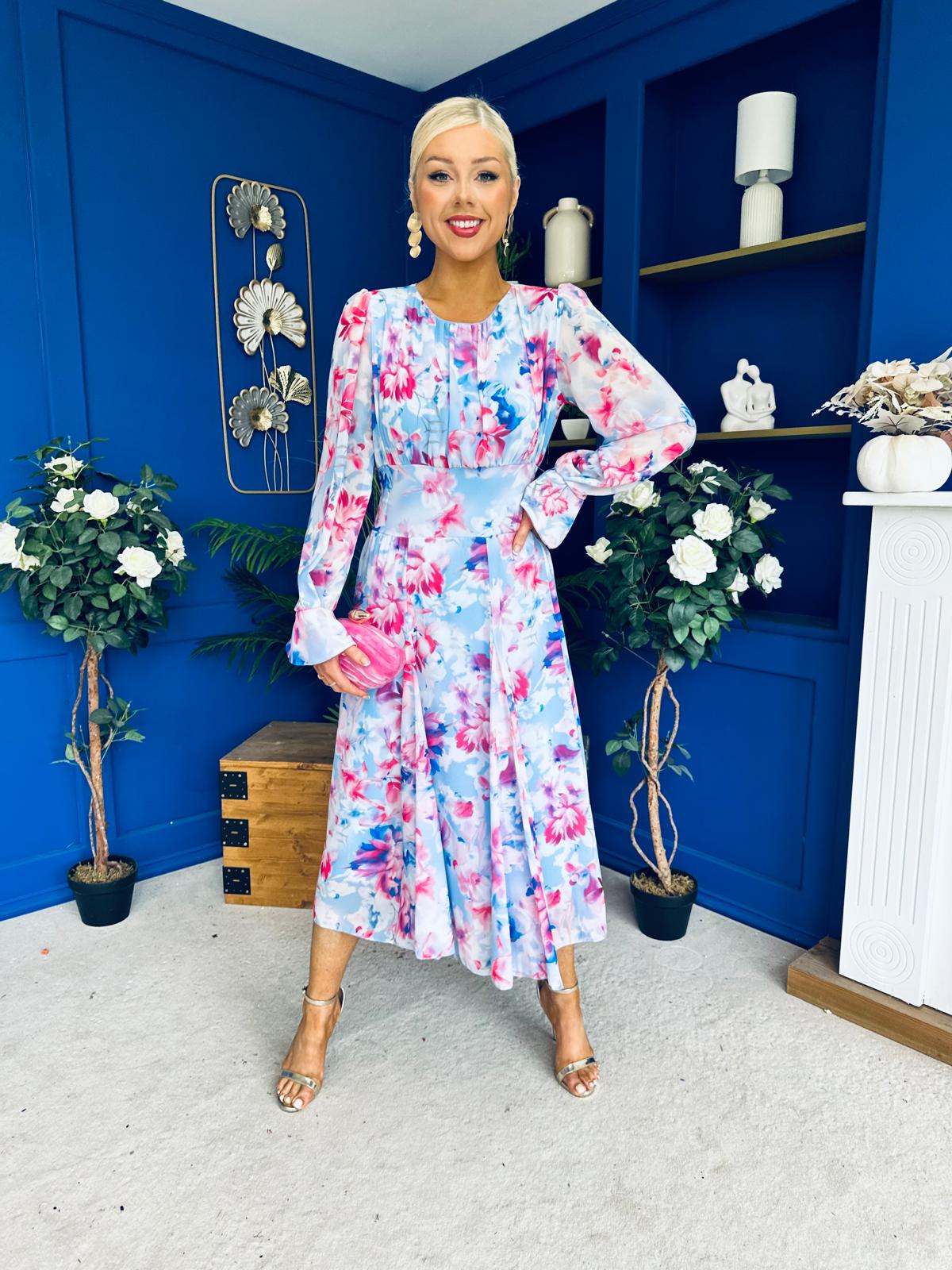 Kaylinn Banded Midi Dress Floral Pwr Blue
