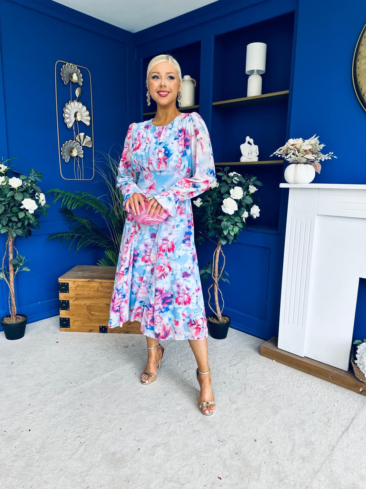 Kaylinn Banded Midi Dress Floral Pwr Blue