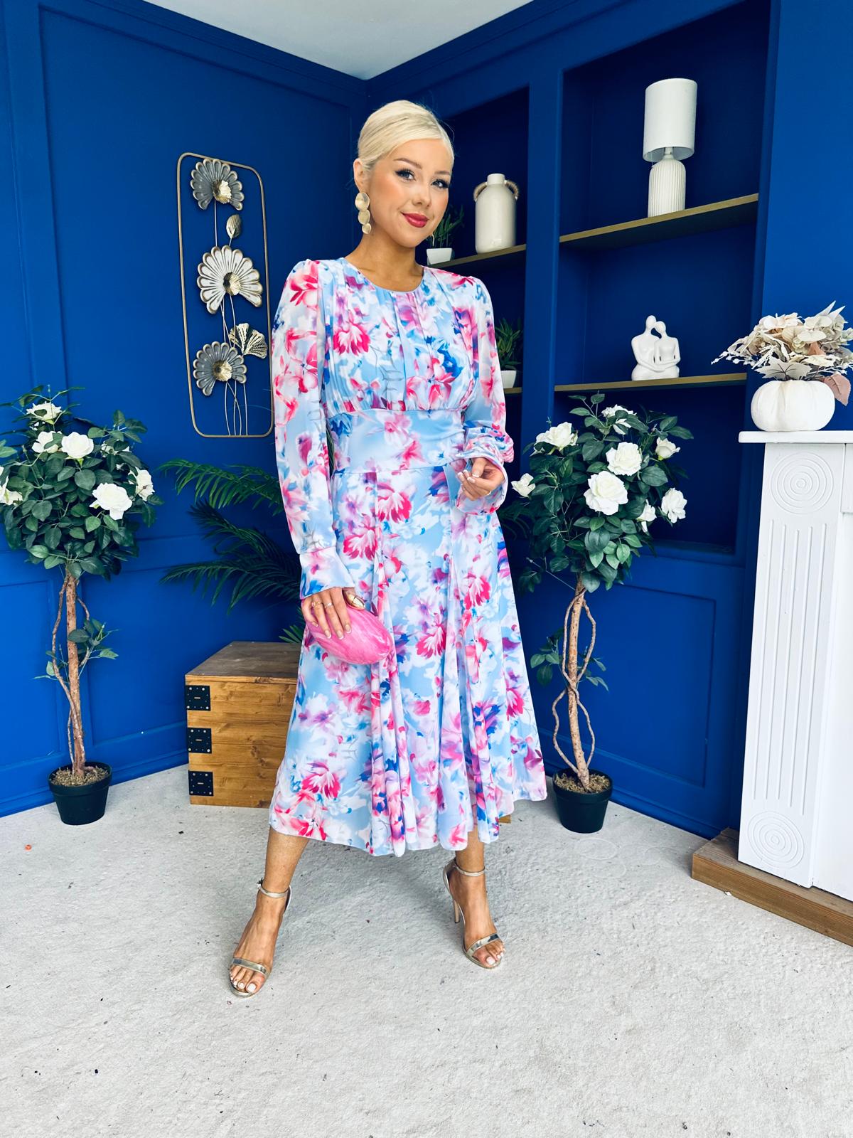 Kaylinn Banded Midi Dress Floral Pwr Blue