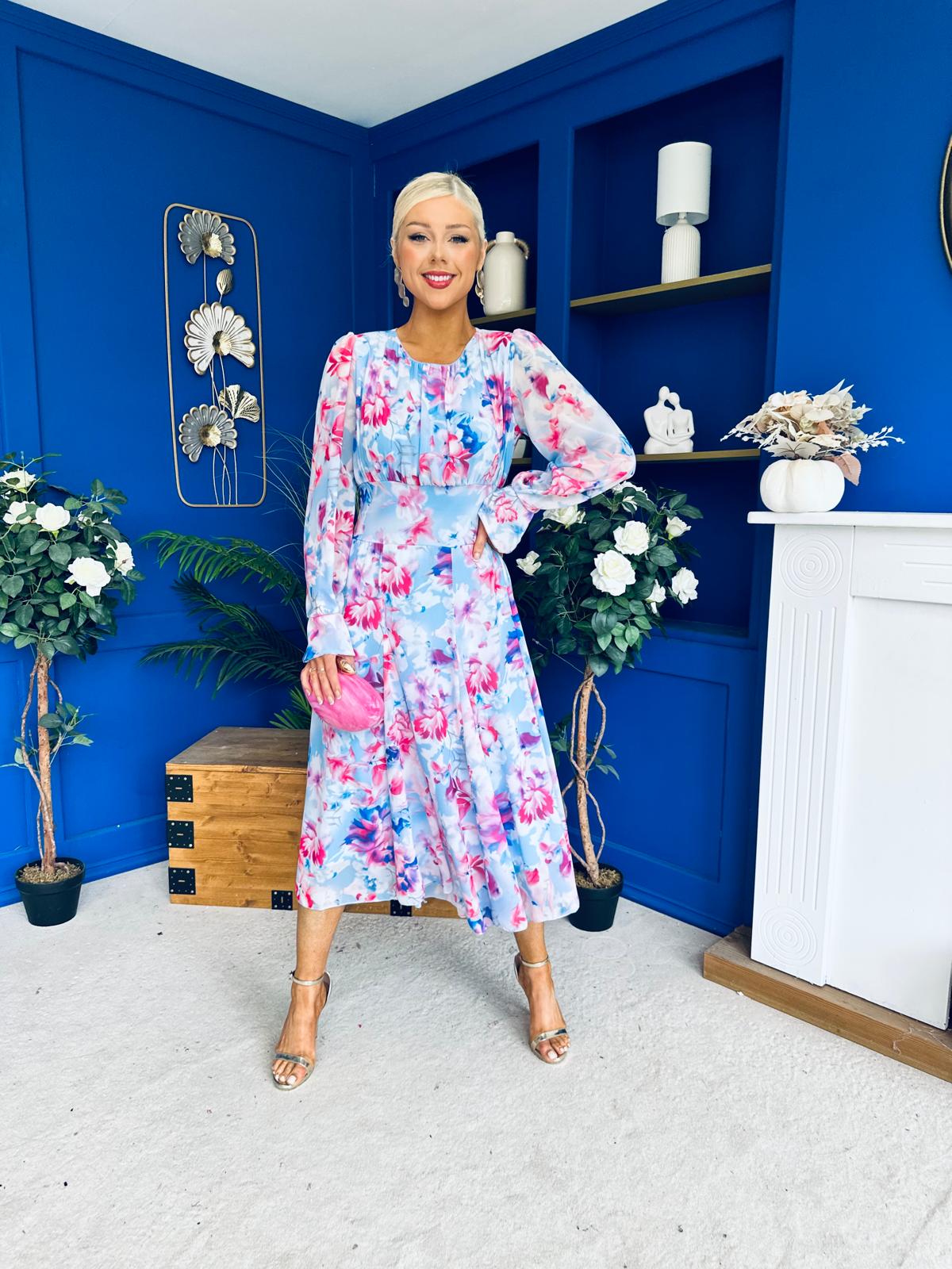 Kaylinn Banded Midi Dress Floral Pwr Blue