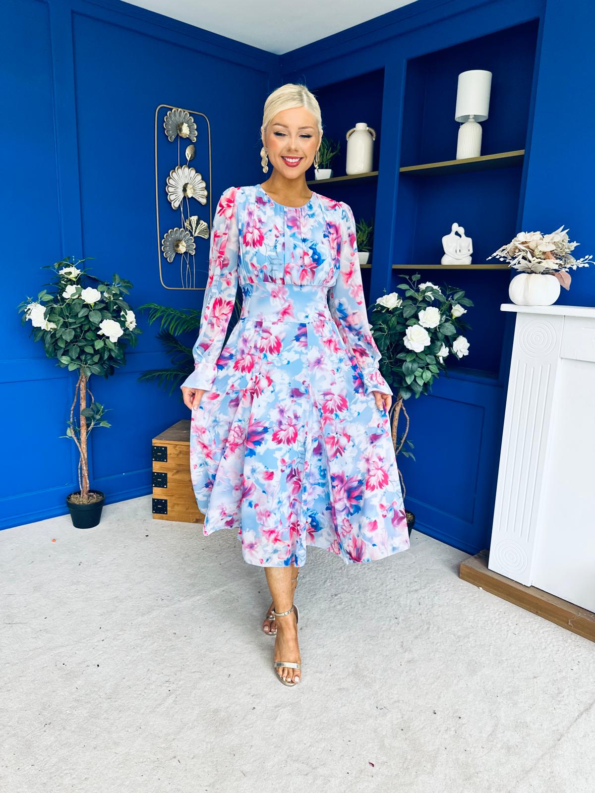 Kaylinn Banded Midi Dress Floral Pwr Blue