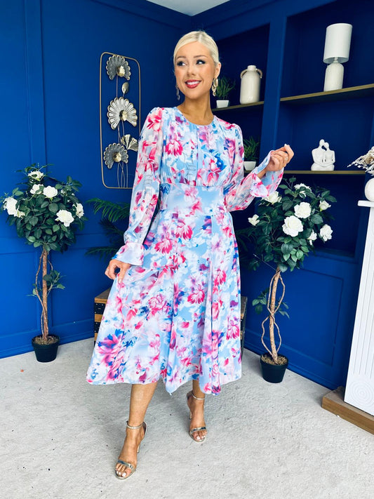 Kaylinn Banded Midi Dress Floral Pwr Blue