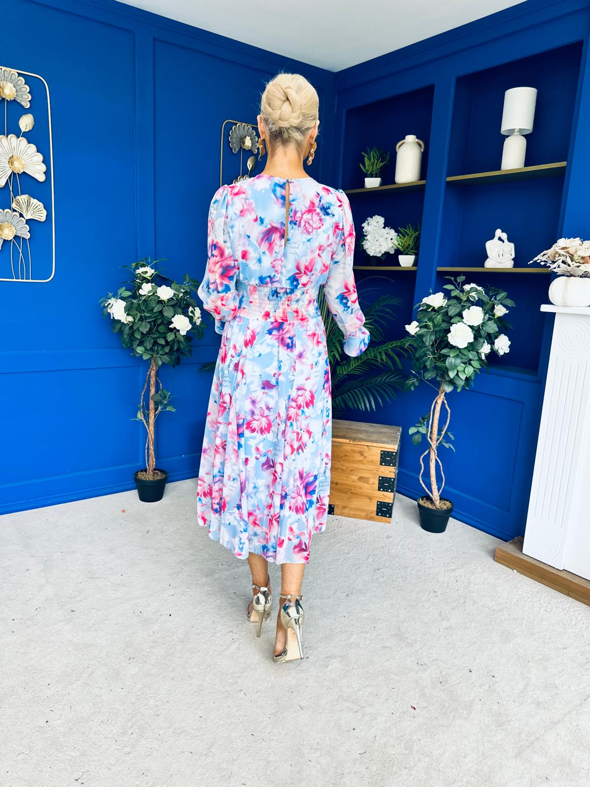 Kaylinn Banded Midi Dress Floral Pwr Blue