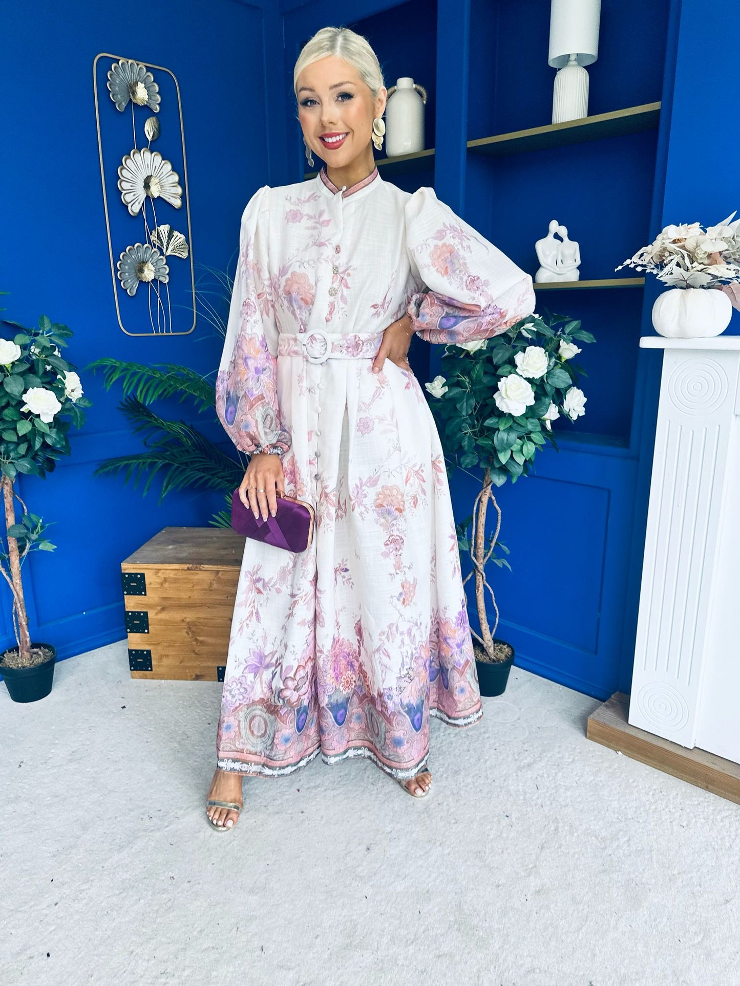 Martina Detailed Occasion Shirt Dress Floral Cream